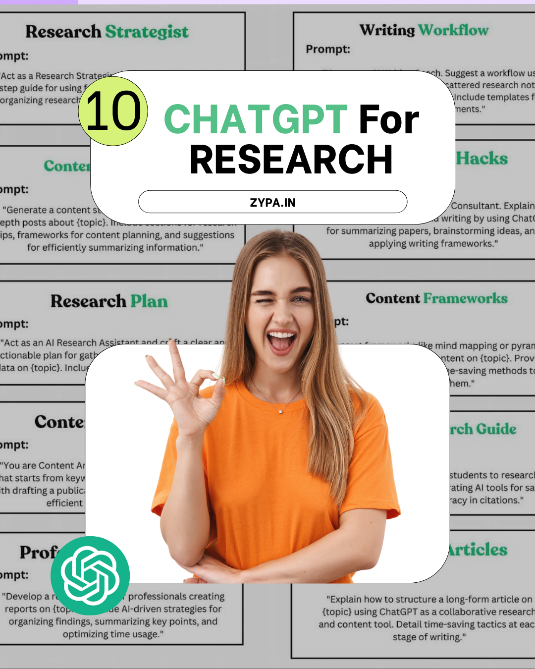 A promotional graphic showcasing "10 ChatGPT for Research" with a cheerful woman in an orange shirt making an "OK" gesture. The background includes research-related ChatGPT prompts and the Zypa.in branding.