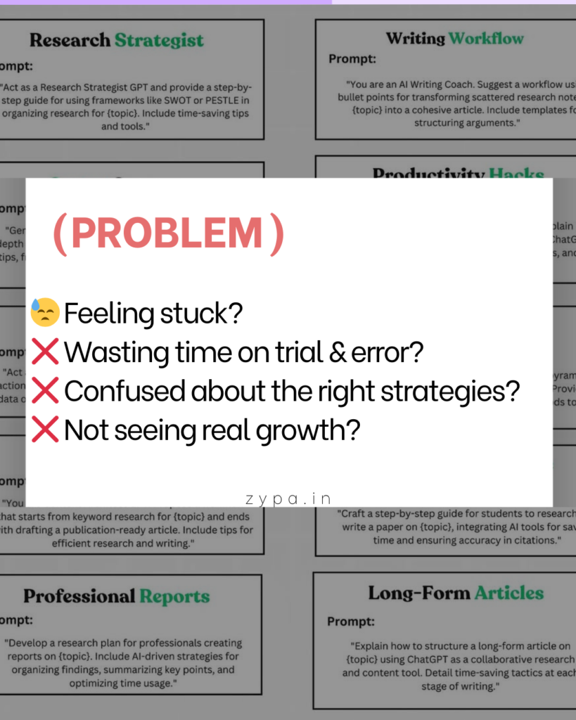 A graphic highlighting common research challenges, including feeling stuck, wasting time, confusion about strategies, and lack of real growth. The background features ChatGPT prompts for research, with "PROBLEM" emphasized in red text.
