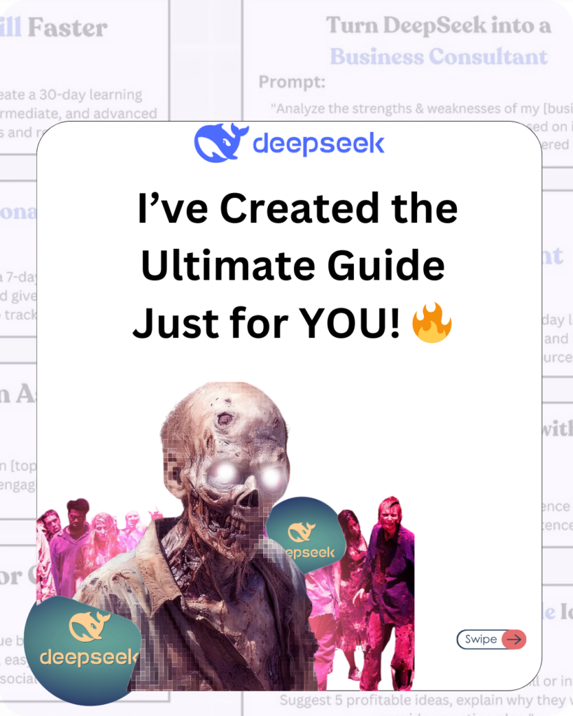 DeepSeek R1 ultimate guide announcement with an AI-generated zombie character and bold text emphasizing expert AI-powered insights.