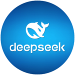 DeepSeek AI logo featuring a stylized white whale on a blue circular background.