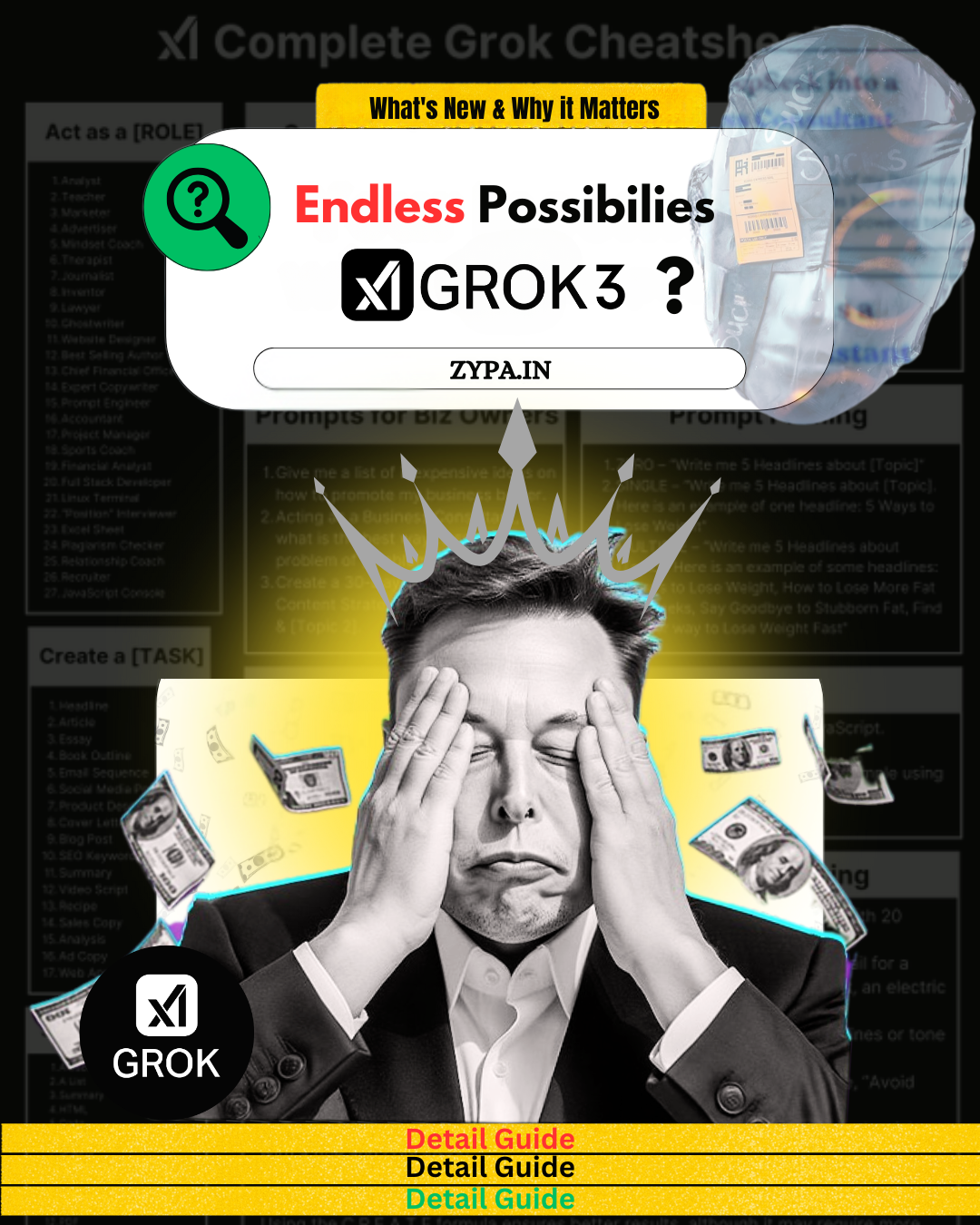 A visually appealing portrayal of Grok 3's limitless potential, with a thought-provoking design incorporating financial and AI components.