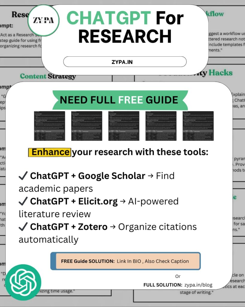 A ZyPA graphic about enhancing research with ChatGPT. It highlights tools like Google Scholar, Elicit.org, and Zotero for improving research efficiency. The guide emphasizes AI-powered literature review, finding academic papers, and organizing citations automatically. A call to action directs users to a free guide at zypa.in/blog.