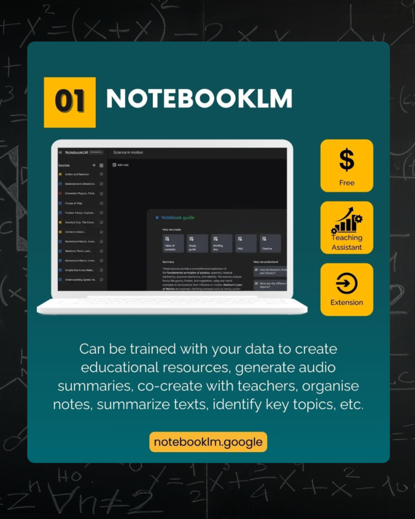 A laptop screen displaying NotebookLM, one of the Free AI Tools for Teachers, used for organizing notes, summarizing texts, and generating educational resources.