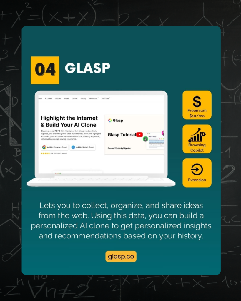 A laptop screen displaying Glasp, an AI-powered web highlighter that helps users collect, organize, and share ideas online while building personalized AI clones.
