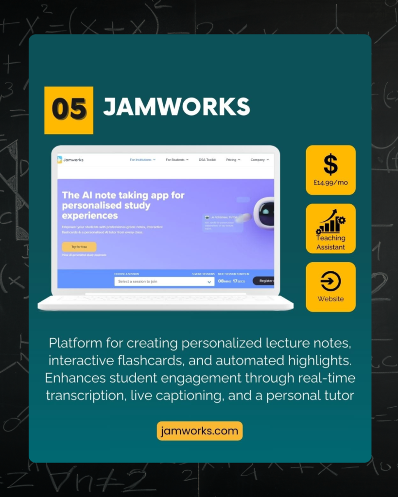 A laptop screen displaying Jamworks, an AI-powered note-taking app designed for personalized study experiences with real-time transcription and interactive learning tools.
