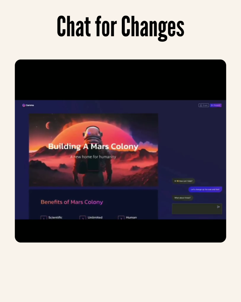 Editing a presentation with Gamma AI’s chat feature – how to use Gamma AI for quick modifications.