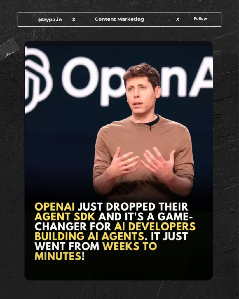 am Altman on stage presenting OpenAI's Agent SDK, with bold text highlighting its impact on AI development.