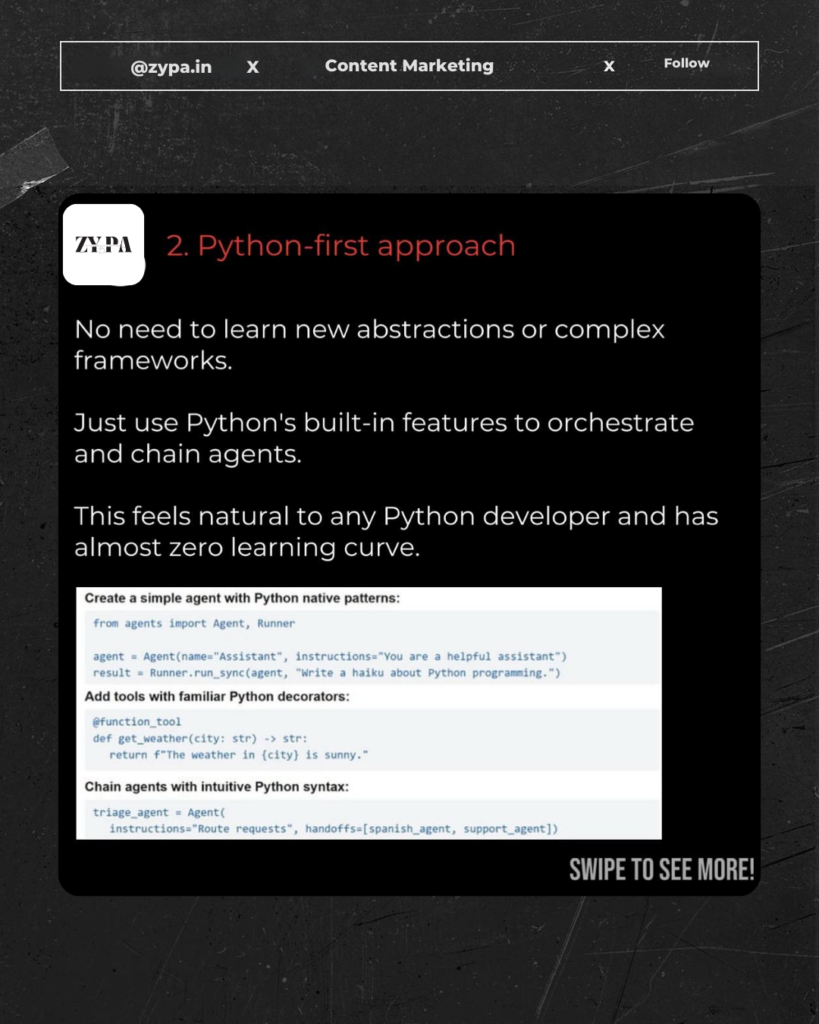 Slide from ZYPA explaining OpenAI's Agent SDK Python-first approach with sample code snippets.