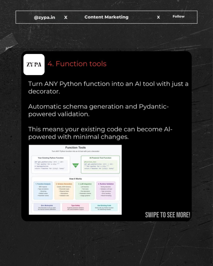 ZYPA slide explaining function tools in OpenAI’s SDK, showing how Python functions can be converted into AI tools with decorators.