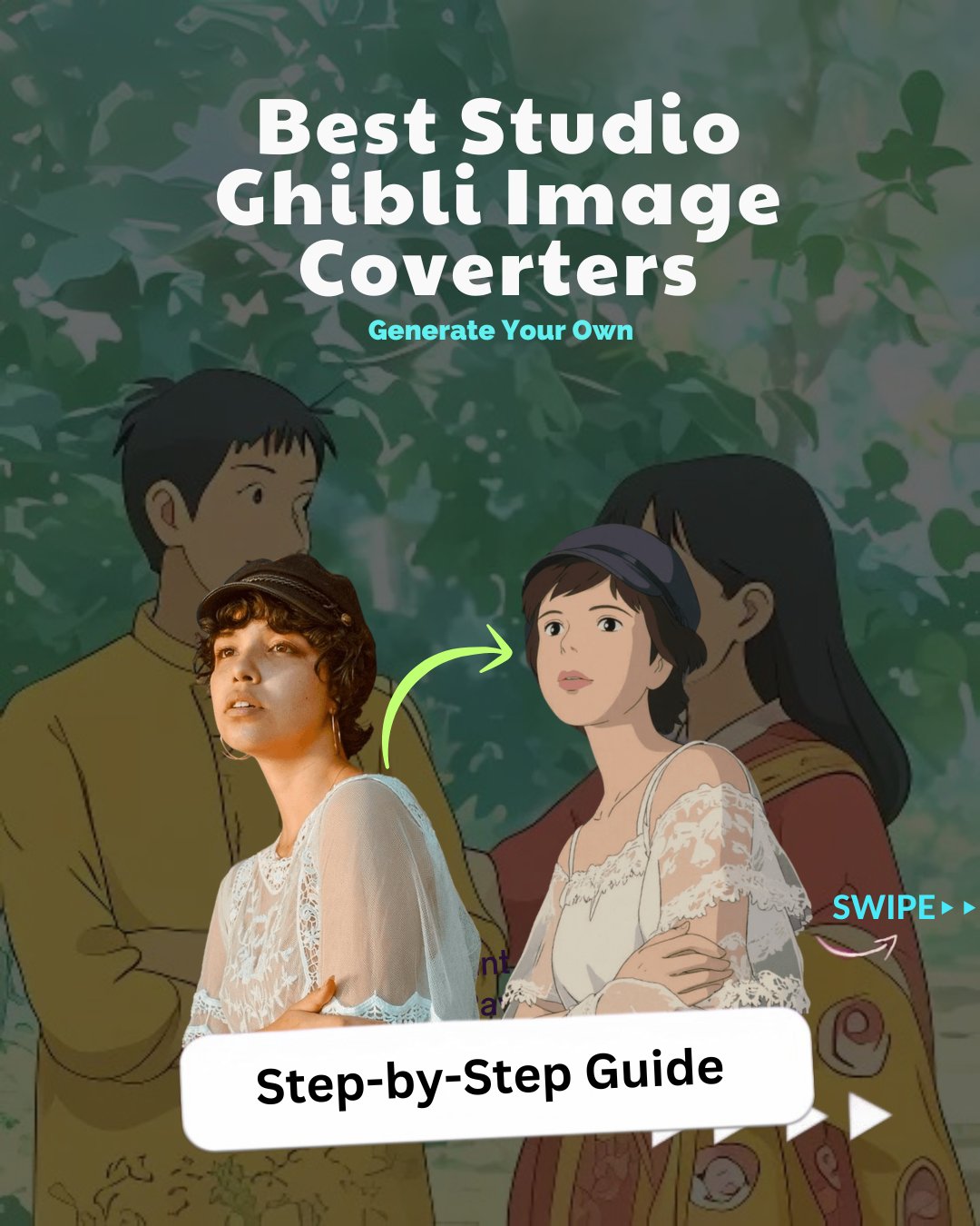 A visual representation of a Studio Ghibli image converter showing a real-life person transformed into an anime-style character.