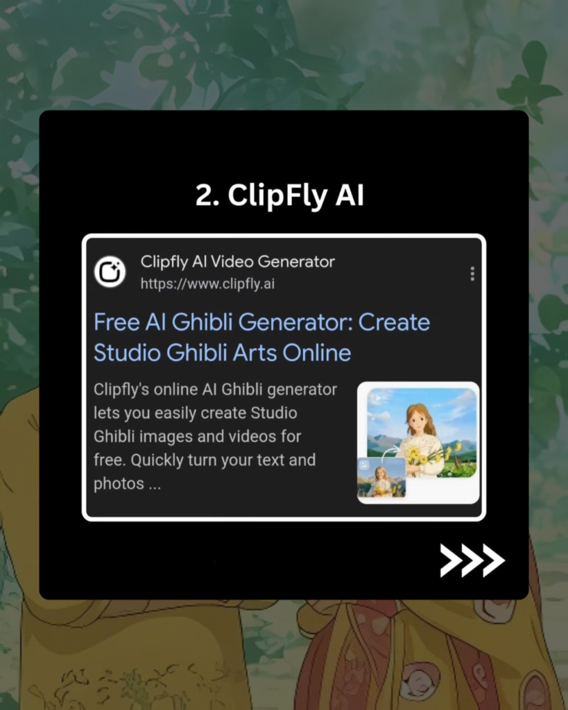 Studio Ghibli image converter showcased in a ClipFly AI post, featuring a free AI Ghibli generator with a Ghibli-style character holding flowers.