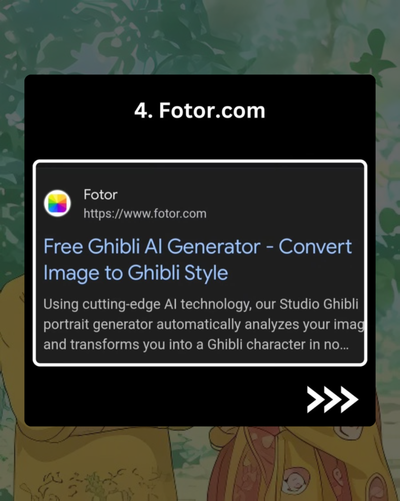 Studio Ghibli image converter highlighted by Fotor.com, featuring a free Ghibli AI generator to transform portraits into Ghibli characters.