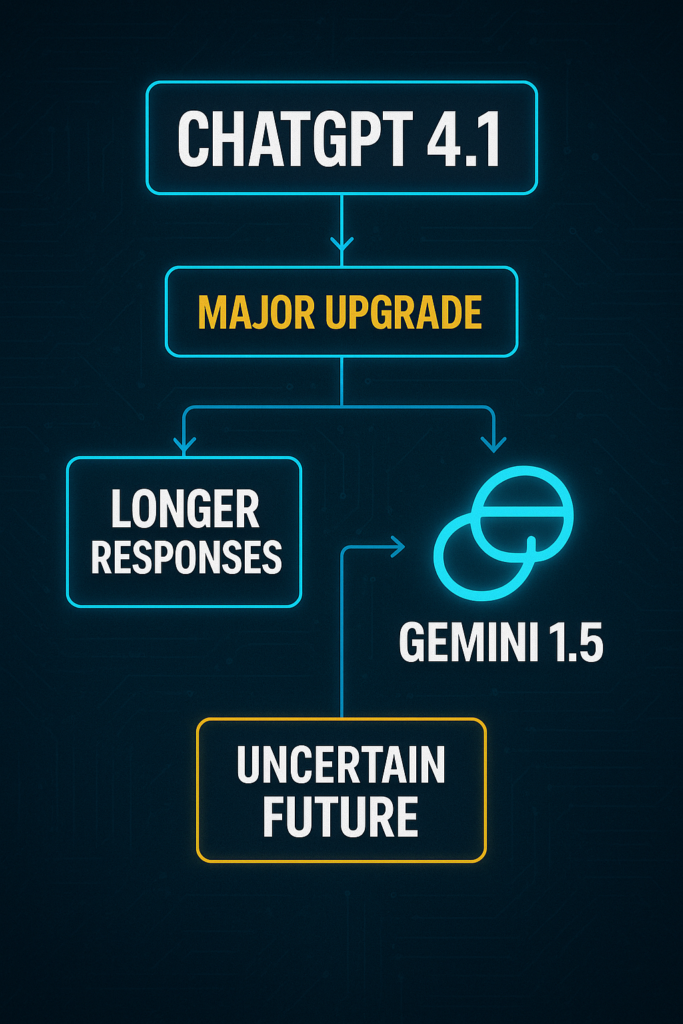 Flowchart visually comparing ChatGPT 4.1 and Gemini 1.5 in a high-tech digital design