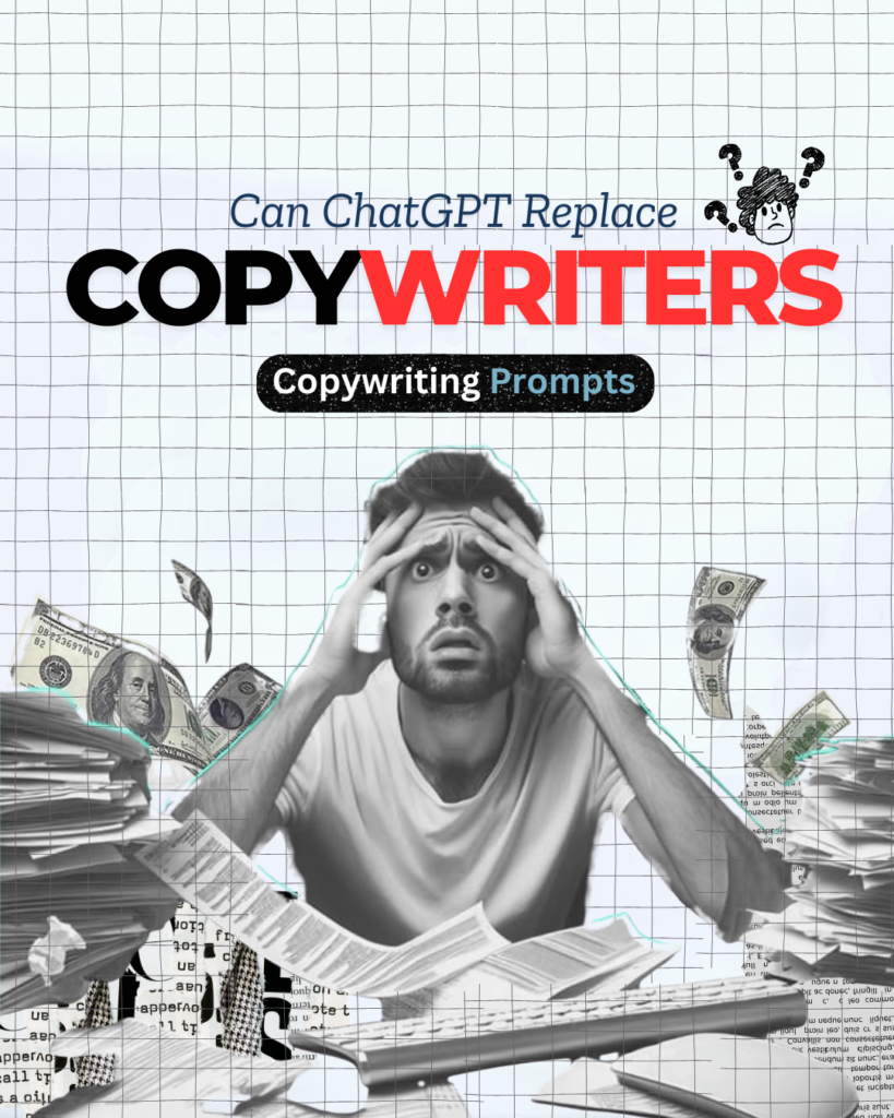 A stressed-out man surrounded by stacks of papers and flying dollar bills, representing the pressure on copywriters in the age of ChatGPT for copywriting.