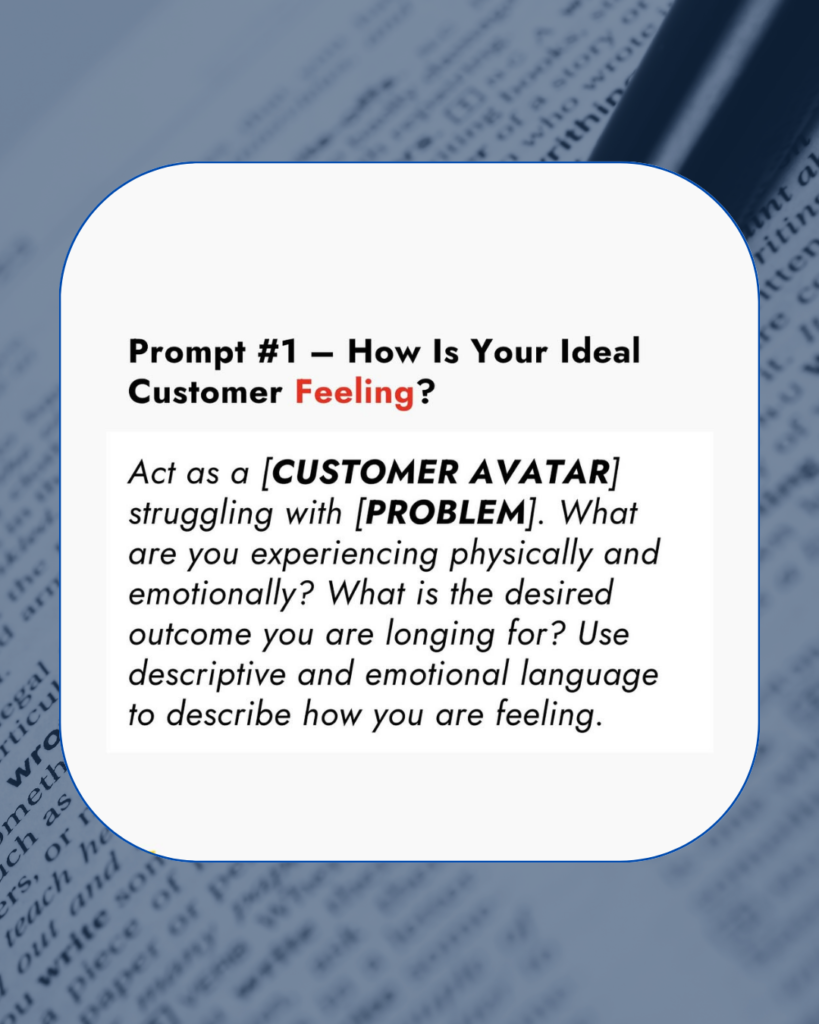 A creative writing prompt card asking emotional questions, designed to enhance audience targeting using ChatGPT for copywriting.