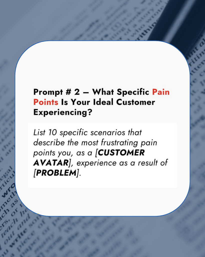 Prompt card showing a copywriting exercise focused on identifying pain points for ideal customers, useful for ChatGPT-based marketing.
