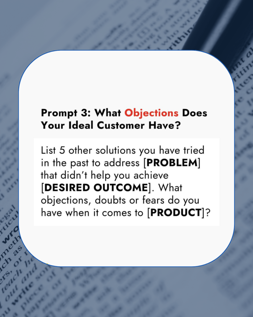 Prompt card asking users to explore past failed solutions and customer objections, useful in crafting copy with ChatGPT.