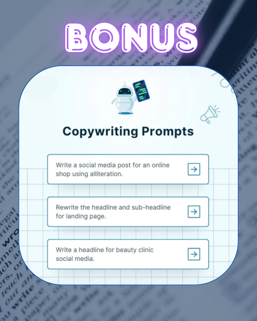 Chatgpt for copywriting bonus section featuring a neon-styled title 'BONUS' and a box showcasing prompts for social media posts, landing page headlines, and beauty clinic campaigns, accompanied by a robot illustration.