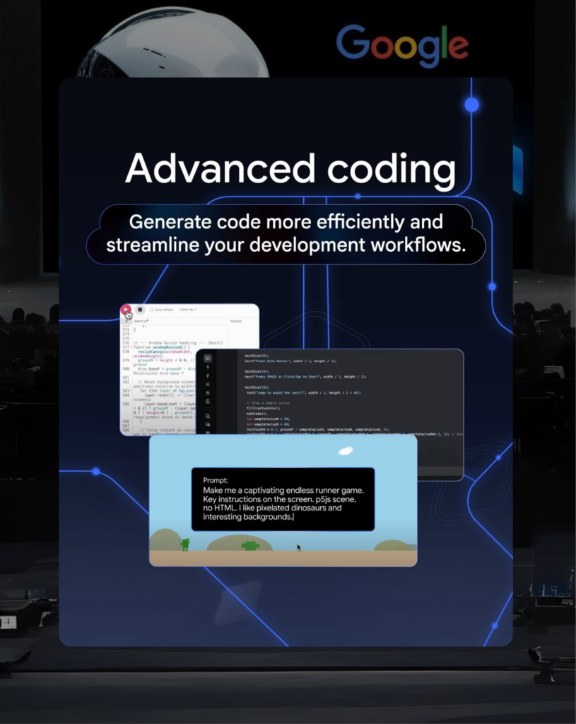 Gemini 2.5 generating advanced code for developers with an AI-powered prompt and coding interface.