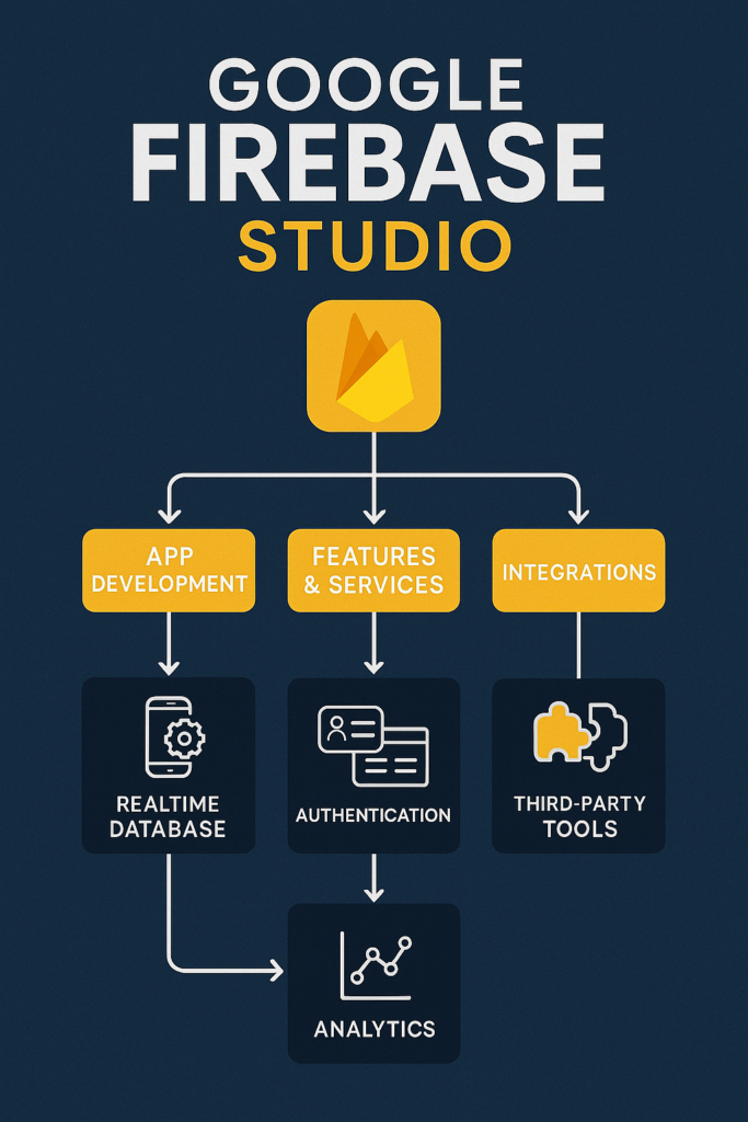 Flowchart infographic explaining features of Google Firebase Studio with a modern tech design.