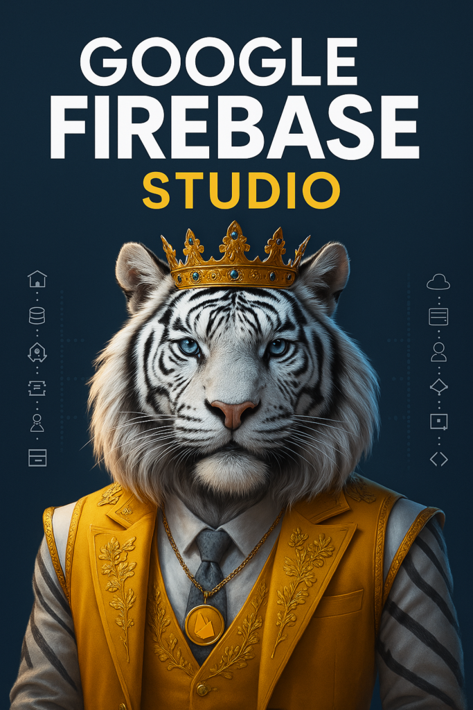 Royal-themed professional cover image with a majestic white tiger symbolizing power, designed for Google Firebase Studio.