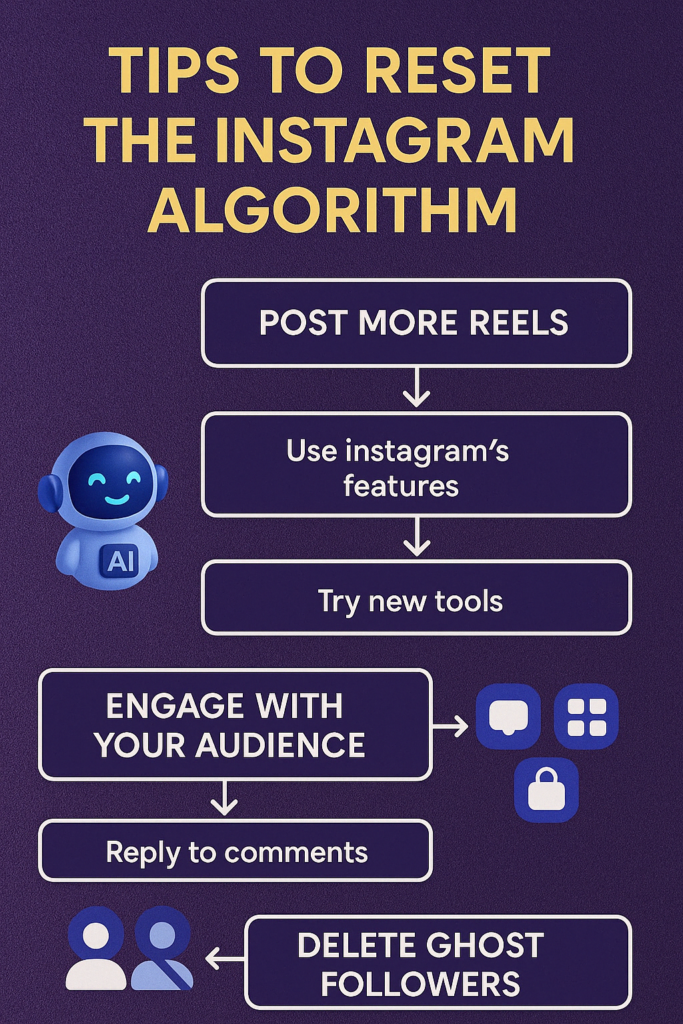 Infographic-style visual guide with small flowcharts showing valuable strategies to reset the Instagram Algorithm.