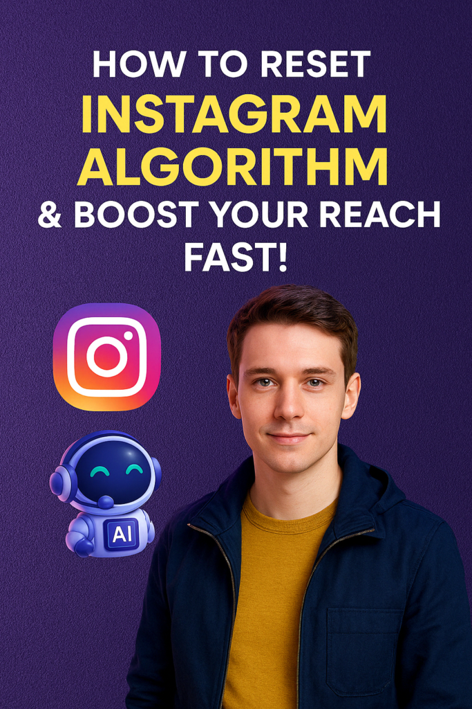 Bold digital cover image themed around resetting the Instagram Algorithm and boosting reach fast, with AI-generated character.