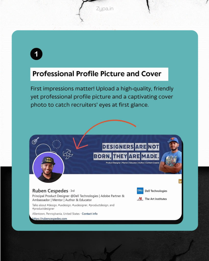 LinkedIN Profile optimization guide showcasing a professional profile picture and cover
