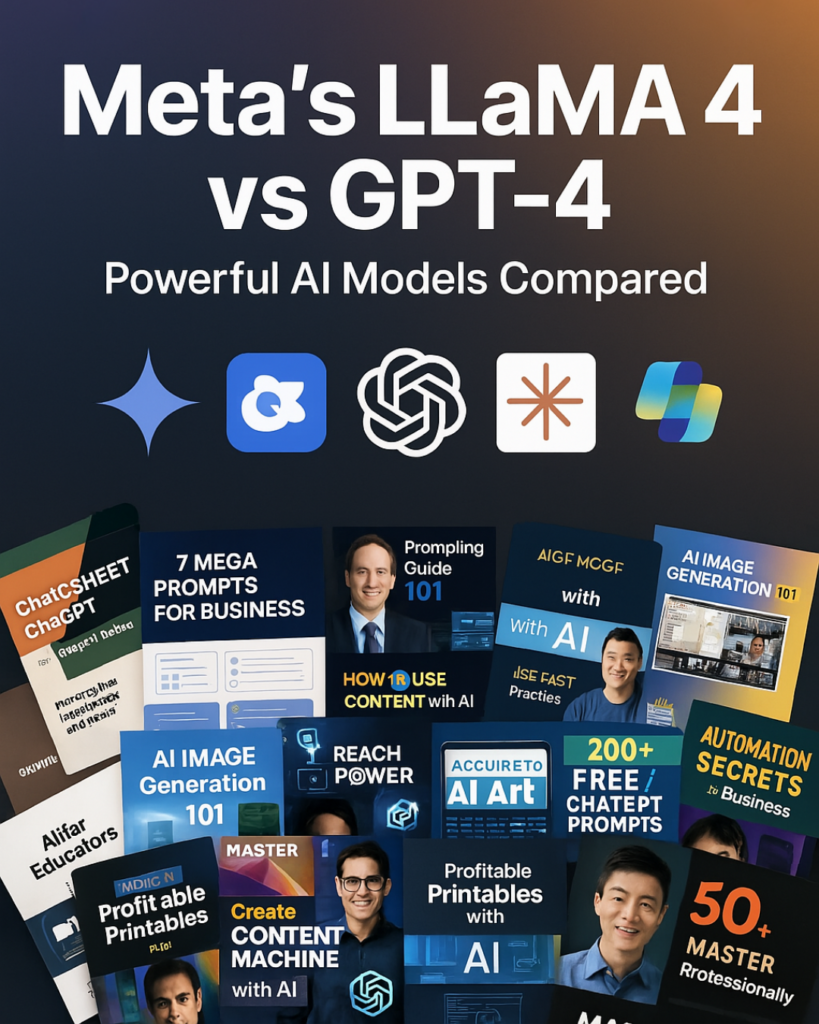 A promotional graphic comparing Meta's LLaMA 4 and GPT-4, featuring the text "Meta's LLaMA 4 vs GPT-4: Powerful AI Models Compared" at the top. Below this, various icons and logos are displayed, followed by a collage of guidebook covers with titles such as "7 Mega Prompts for Business," "Prompting Guide 101," "AI Image Generation 101," and "50+ Master Professionally," along with images of individuals and AI-related content.