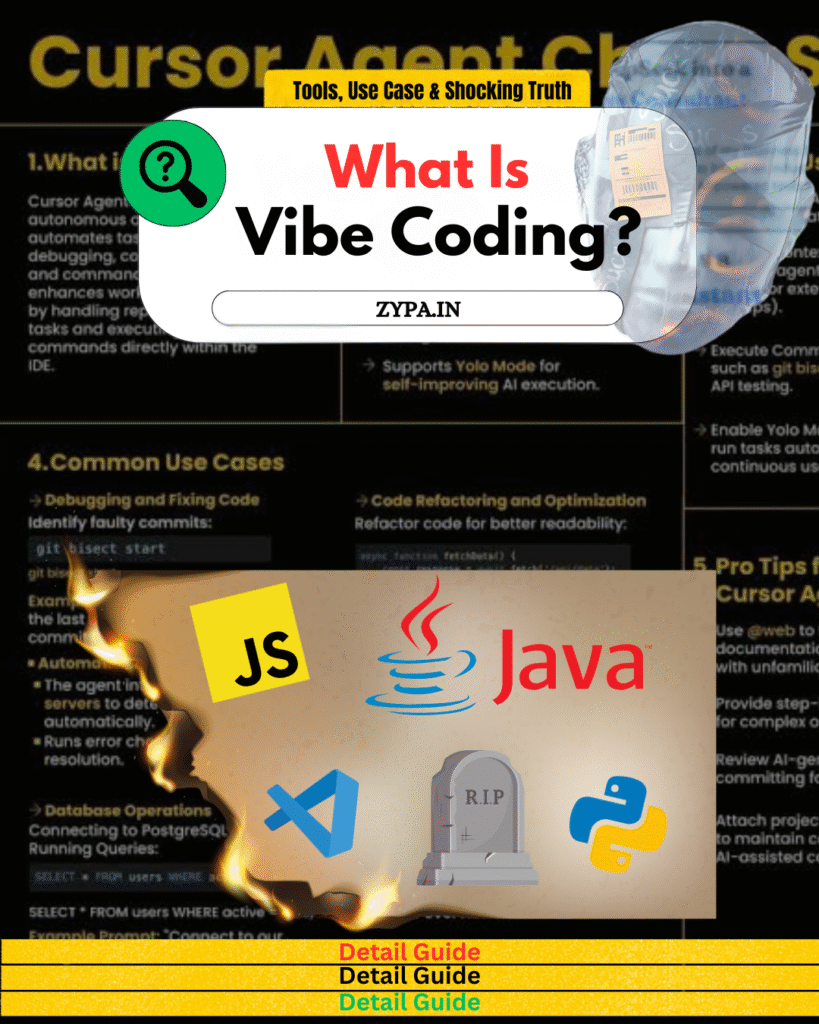 Graphic titled 'What Is Vibe Coding?' with icons for JavaScript, Java, Python, VS Code, and a tombstone symbolizing outdated tech, overlaid on a background about Cursor Agent features.