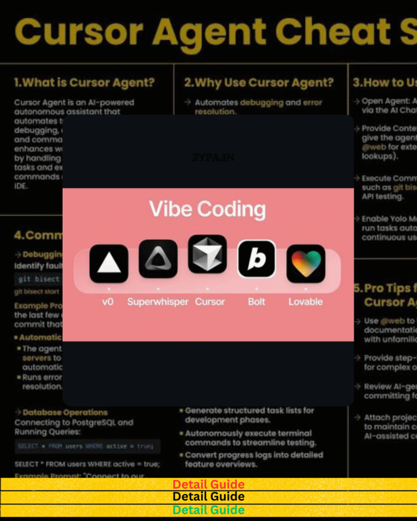Stylized image titled 'Vibe Coding' showcasing modern AI tools: v0, Superwhisper, Cursor, Bolt, and Lovable, on a red and black background with the Cursor Agent cheat sheet behind.