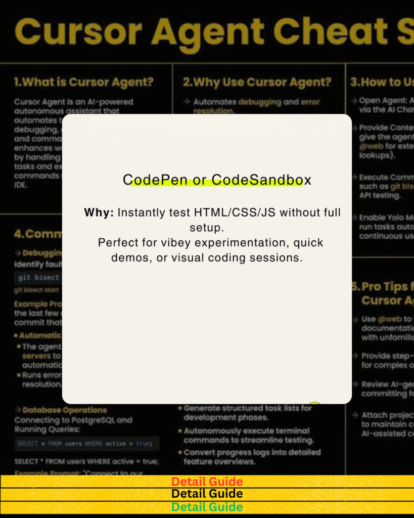 Tip card on using CodePen or CodeSandbox for HTML/CSS/JS testing, over a background showing the Cursor Agent cheat sheet.