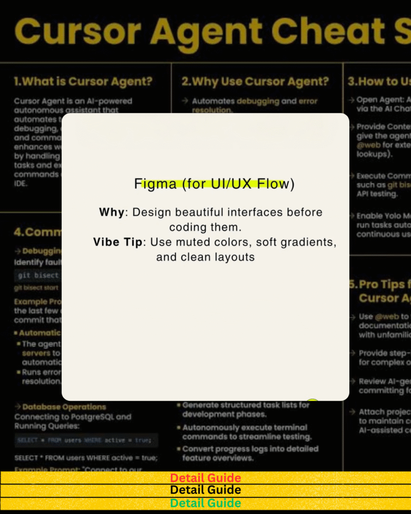 Design tip card recommending Figma for UI/UX flow, suggesting muted colors, soft gradients, and clean layouts, over a Cursor Agent cheat sheet background.