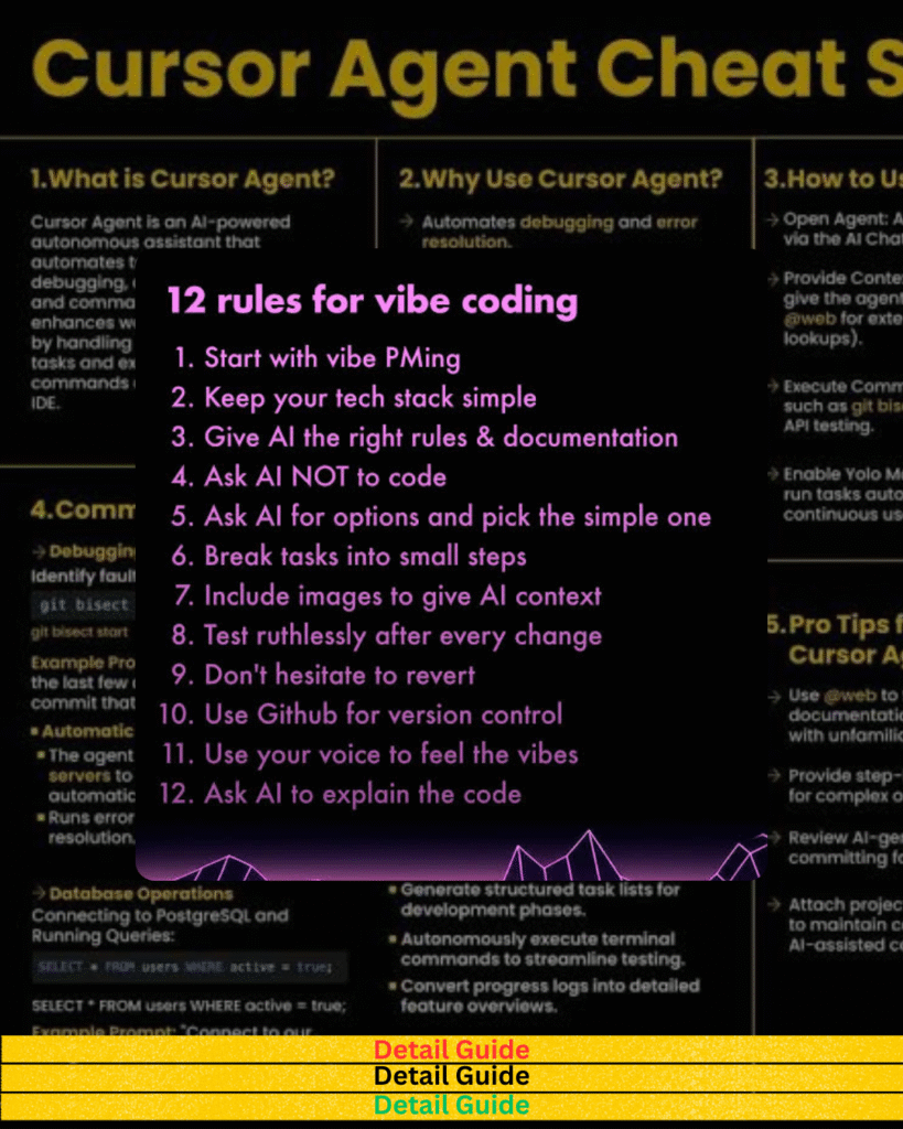 List titled ‘12 rules for vibe coding’ in bold pink font over a black box, layered on top of a Cursor Agent Cheat Sheet background.