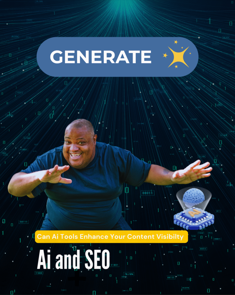 Smiling man with digital background and holographic brain chip, representing AI and SEO synergy.