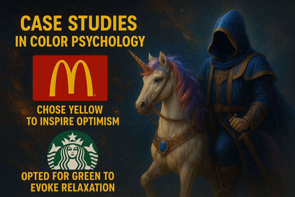 A knight in blue armor riding a unicorn with a multicolored mane, set against a cosmic background, with McDonald's and Starbucks logos showcasing their use of yellow for optimism and green for relaxation, demonstrating practical applications of Color Psychology in branding.