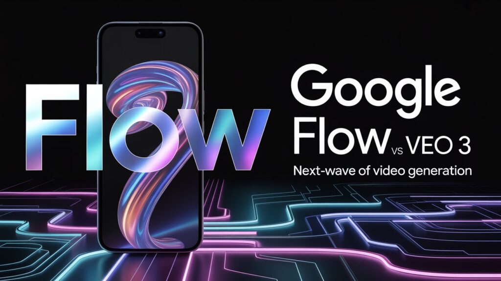 A promotional graphic featuring a smartphone displaying the Google Flow AI logo with the text "FLOW vs VEO 3" in vibrant colors, set against a futuristic neon-lit background.