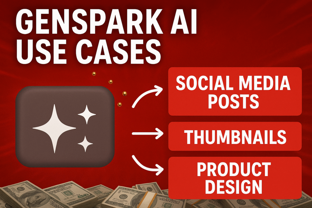 Graphic showing different use cases of GenSpark AI such as social media posts, thumbnails, and product design