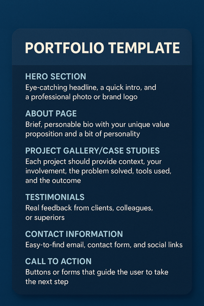 A blue background graphic listing sections of a portfolio template, including Hero Section, About Page, Project Gallery, Testimonials, Contact Information, and Call to Action, guiding how to make portfolio effectively.
