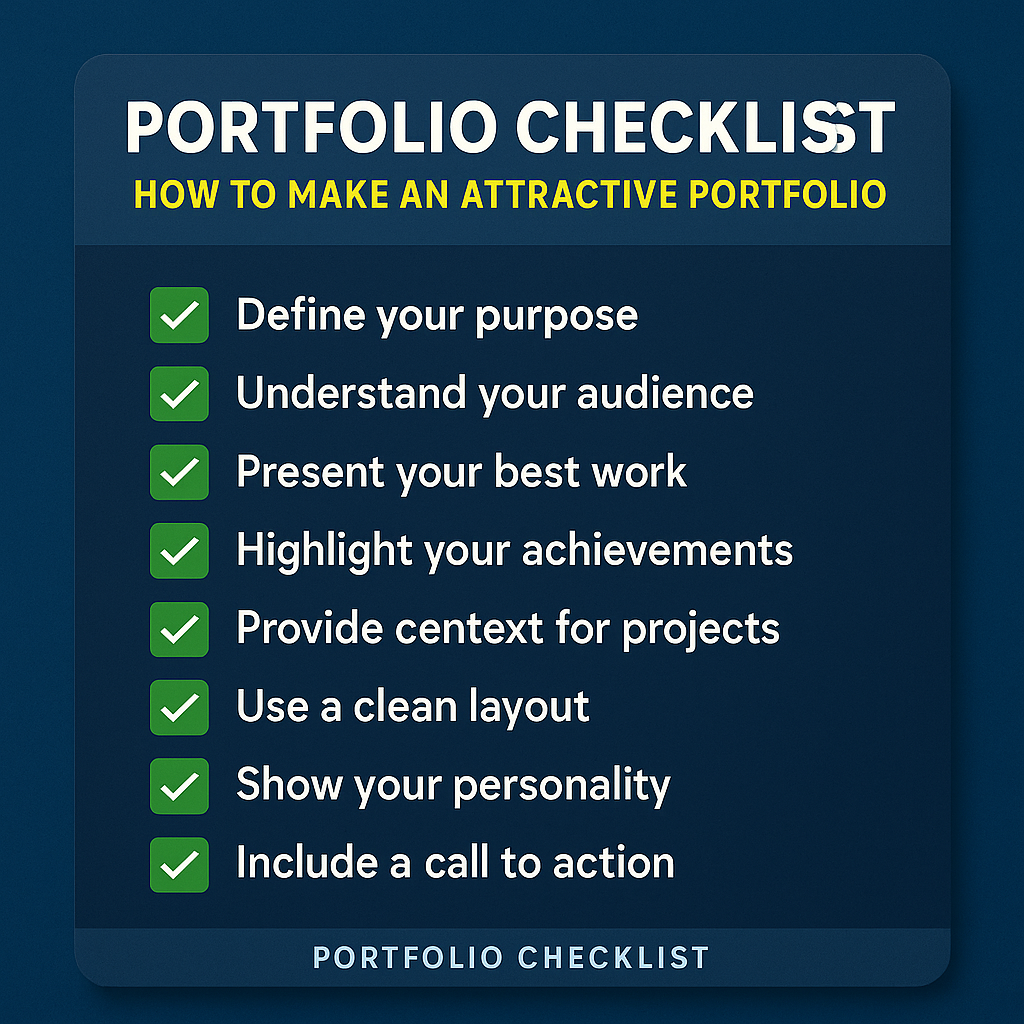 A blue checklist graphic titled "Portfolio Checklist: How to make an attractive portfolio," featuring steps like defining purpose, understanding audience, and including a call to action.
