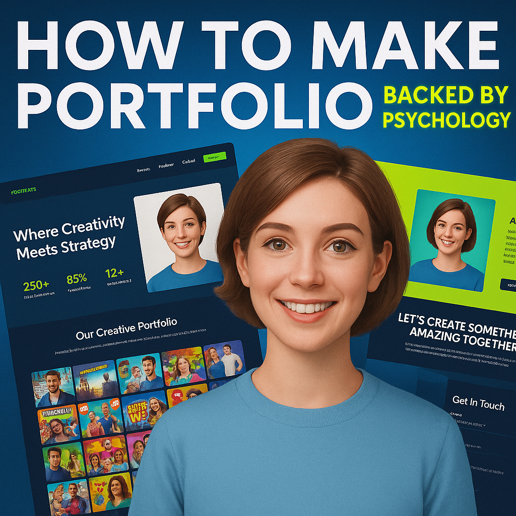A promotional graphic with the text "How to make portfolio backed by psychology," featuring a person in a blue shirt and portfolio website screenshots with vibrant colors and statistics.