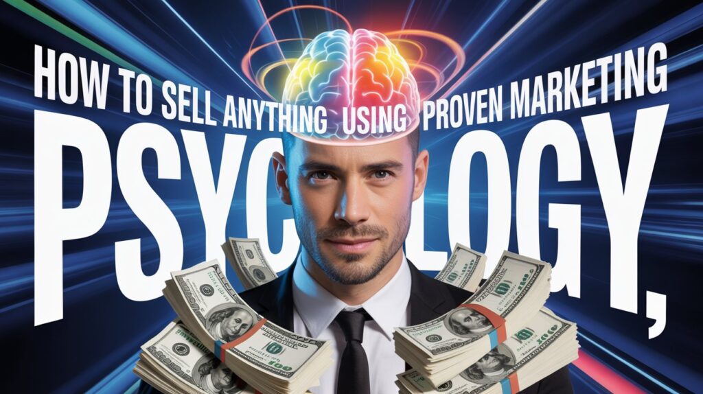 A person in a suit holds stacks of U.S. dollar bills with a colorful brain graphic above, symbolizing marketing psychology, against a dynamic blue background with the text "HOW TO SELL ANYTHING USING PROVEN MARKETING PSYCHOLOGY." Focus keyword: How to sell anything.