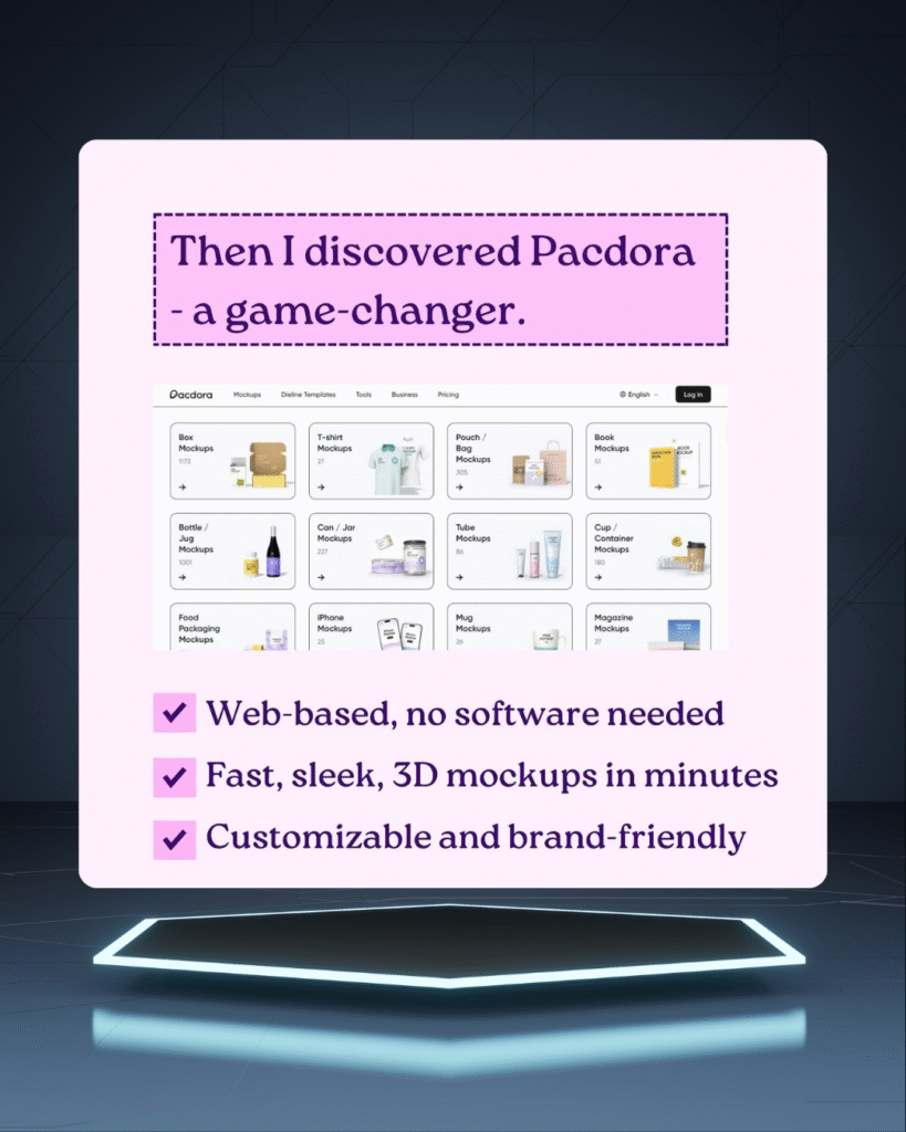 Pacdora platform interface highlighting its 3D mockup features with a user asking — is Pacdora free?