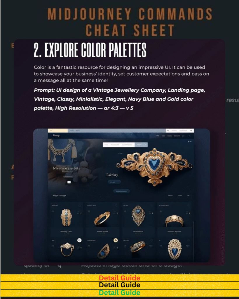 Jewelry website UI design using navy blue and gold color palette via MidJourney NSFW commands