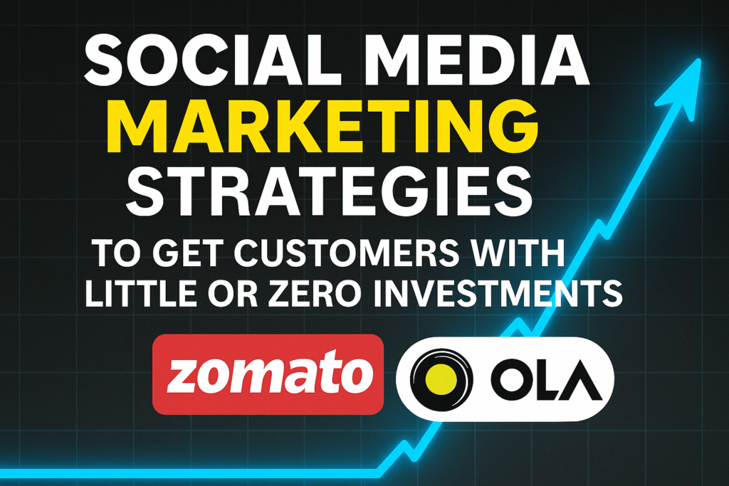 A visually dynamic graphic showcasing a "Killer Social Media Marketing Strategy Used by Big Brands," featuring social media icons, a glowing growth graph, and a pointing figure.