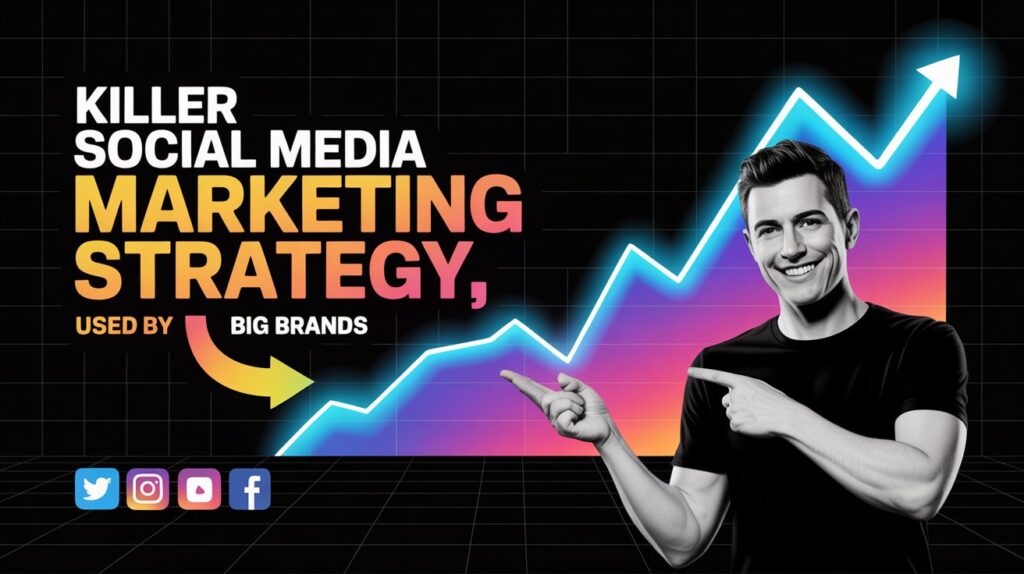 A promotional graphic highlighting a "Killer Social Media Marketing Strategy Used by Big Brands," featuring social media icons, a growth graph, and a pointing figure.