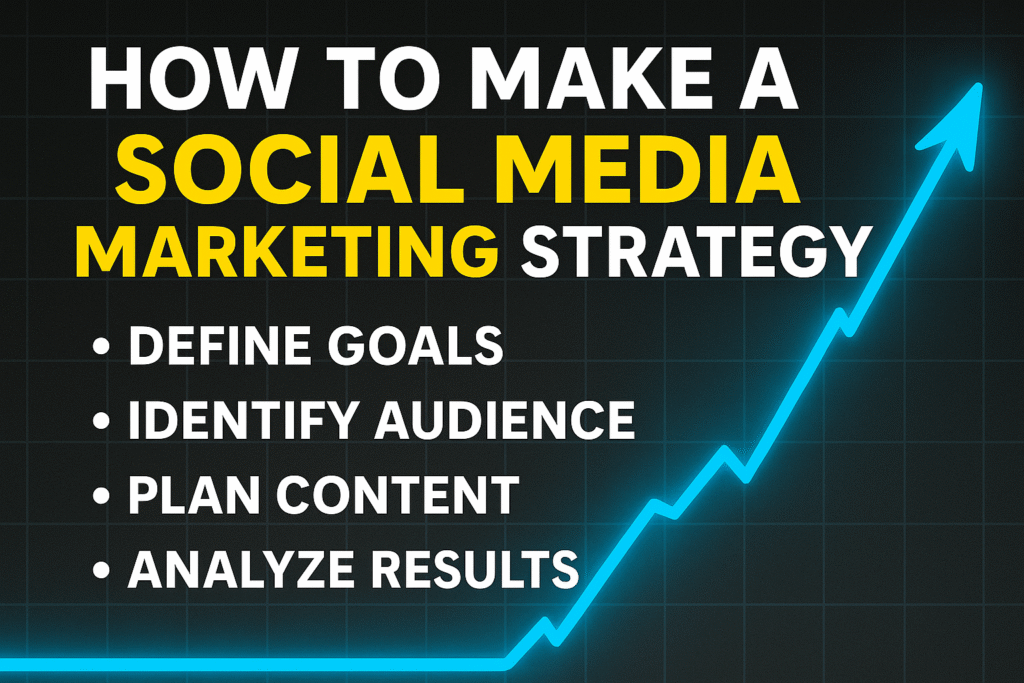 A visually dynamic graphic showcasing a "Killer Social Media Marketing Strategy Used by Big Brands," featuring social media icons, a glowing growth graph, and a pointing figure.