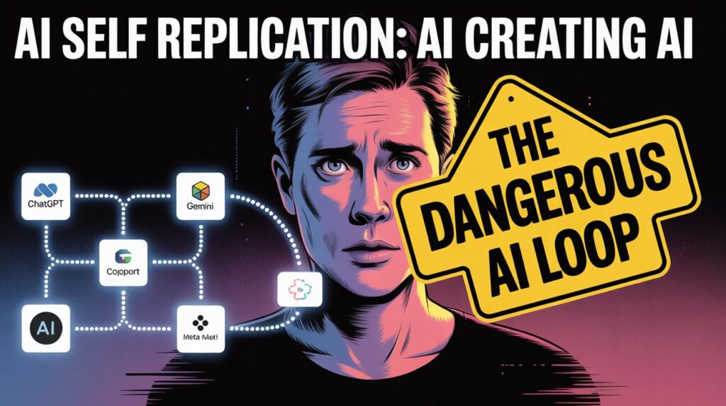 Illustration of AI models like ChatGPT and Gemini connected in a network with a warning sign about the dangerous AI self replication loop.