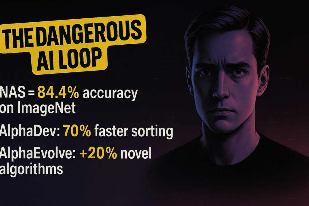 Illustration of AI advancements with stats on NAS, AlphaDev, and AlphaEvolve, warning about the dangerous AI self replication loop.