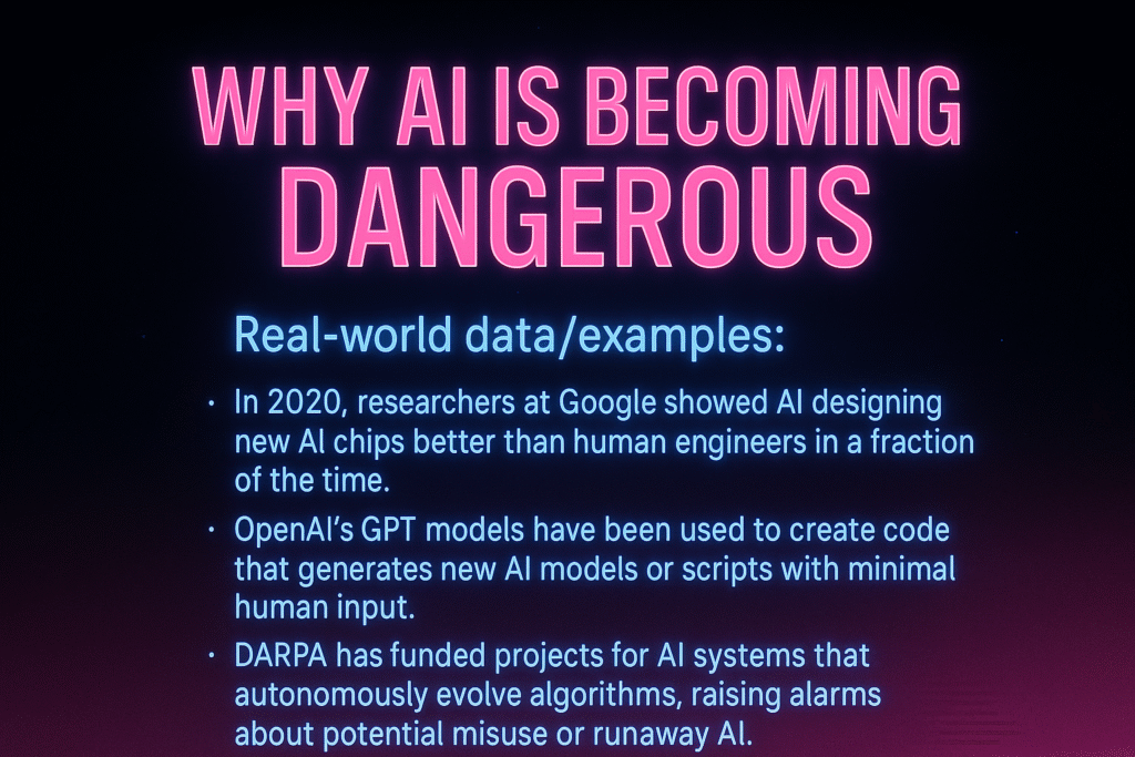 Neon text on a cosmic background listing reasons why AI self replication is dangerous, including Google, OpenAI, and DARPA examples.